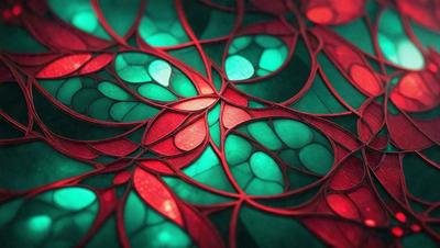 The primary subject of the image is a red and green patterned design, which appears to be a piece of art or a decorative item. The setting is a green background, which complements the vibrant colors of the pattern. The visual style of the image is a combination of digital art and illustration, creating a unique and eye-catching design. The dominant colors in the image are red and green, which evoke a sense of warmth and energy.